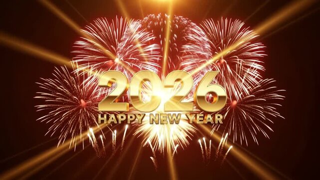 Golden 2026 New Year celebration with vibrant fireworks illuminating the night sky.