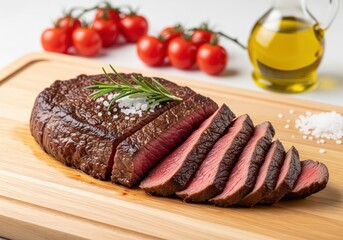 Juicy sliced medium rare beef steak resting on a wooden board seasoned with rosemary and salt.