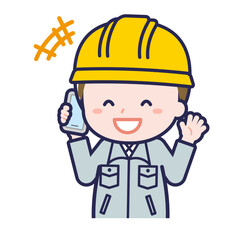 スマートフォンを使う「工事作業員」の男性