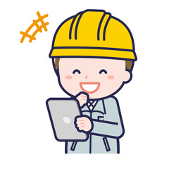 タブレットを使う「工事作業員」の男性