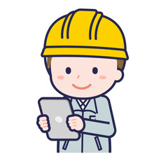 タブレットを使う「工事作業員」の男性