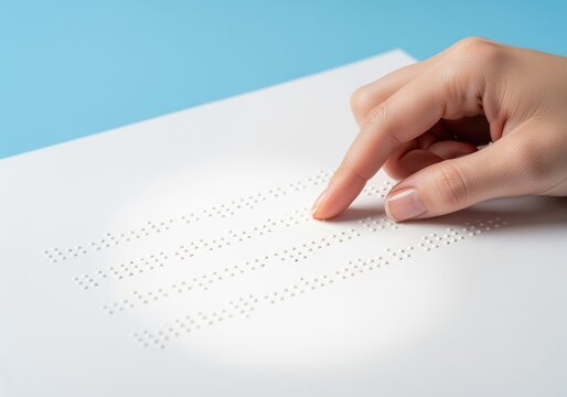 Fingers reading tactile braille alphabet script for visually impaired communication and learning - Powered by Adobe