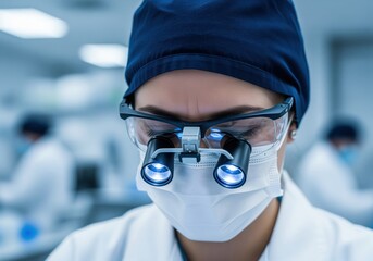 Woman doctor wearing illuminated magnifying surgical loupes and mask in a sterile medical setting.