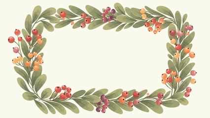 Fototapeta premium Elegant Floral Frame: A beautifully crafted floral frame, teeming with vibrant green leaves and an array of colorful berries, evokes a sense of natural beauty and delicate charm. 