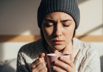 Unwell woman wearing a warm knit hat and sweater touching her painful throat while drinking tea.