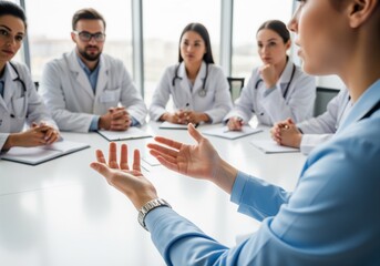 Group of doctors and healthcare professionals listening to a female speaker during a medical meeting