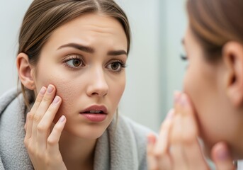 Concerned young woman examining large pores and uneven skin texture in the bathroom mirror