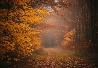 Tranquil autumn forest trail covered in fallen leaves with vibrant yellow foliage and soft fog