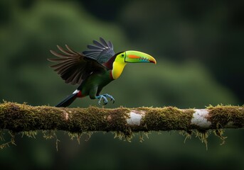 Fototapeta premium Vibrant tropical toucan with multicolored beak taking flight from a moss covered jungle branch