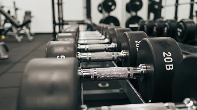 Dumbbell Rack at the Gym - A Close-Up Look at Weight Training Equipment.