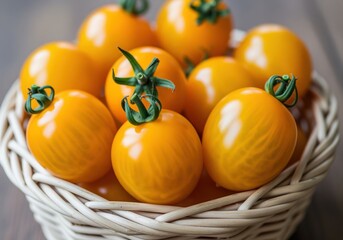 Fresh vibrant yellow tomatoes with green stems piled high in a rustic woven wicker basket closeup.