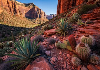 Vibrant desert landscape with agave and cactus plants growing among red rocks in a deep canyon valley.