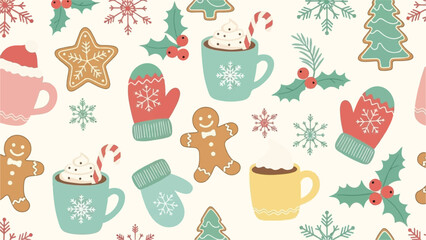 Cozy Winter Holiday Christmas Pattern featuring Festive Treats and Warm Drinks with Gingerbread Figures, Mittens, and Snowflakes, perfect for seasonal designs
