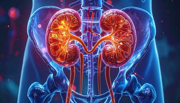 Animated 3D illustration of human kidneys within an anatomical model