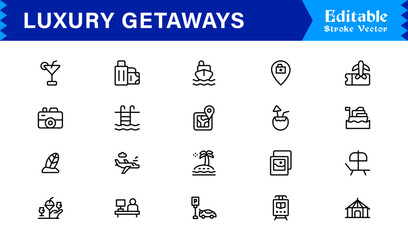 Luxury Travel and Holiday Essentials – Professional Line Icon Collection Featuring Modern, Minimal, and Editable Vector Symbols for Premium Getaway Themes