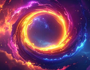 Cosmic vortex with a swirling, fiery core and vibrant nebulae
