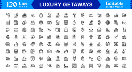 Luxury Travel and Holiday Essentials – Professional Line Icon Collection Featuring Modern, Minimal, and Editable Vector Symbols for Premium Getaway Themes © MDSalim