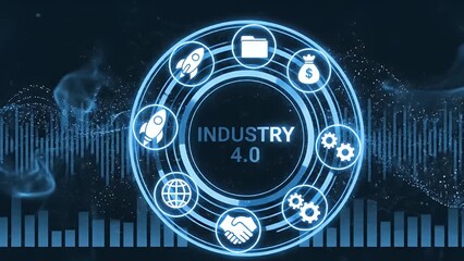 Conceptual illustration of Industry 4.0 featuring central text surrounded by interconnected digital icons