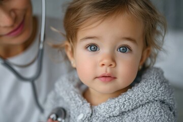 a baby lying on a white bed, with a doctor holding a stethoscope to the baby's chest, checking the heart rate and breathing in a clinic room