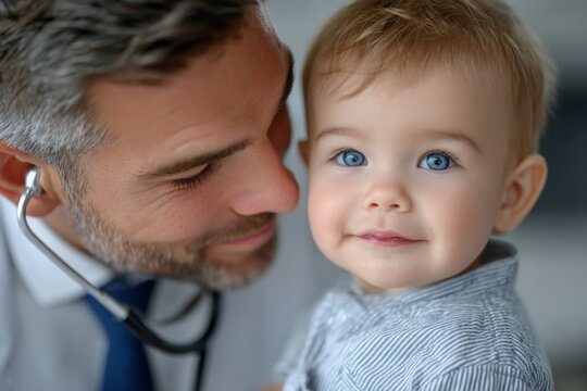 a baby lying on a white bed, with a doctor holding a stethoscope to the baby's chest, checking the heart rate and breathing in a clinic room - Powered by Adobe
