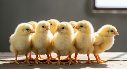 Fototapeta premium A group of adorable fluffy yellow baby chicks standing close together in bright daylight