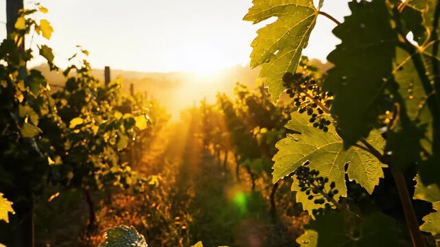 Sunlight filtering through lush grapevine leaves during golden hour in vineyard