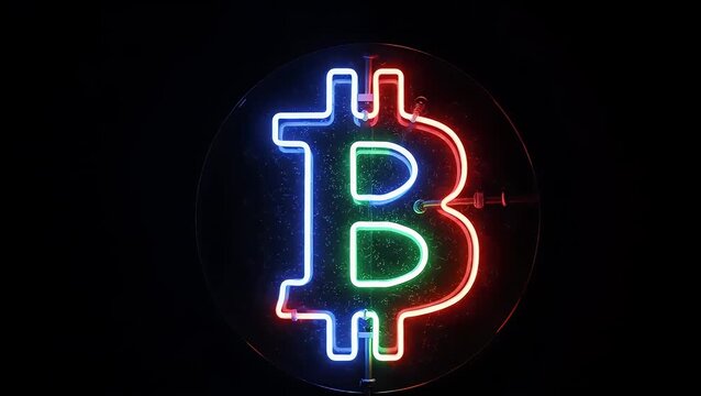 A brightly lit, multicolored neon sign displaying the prominent Bitcoin cryptocurrency logo.