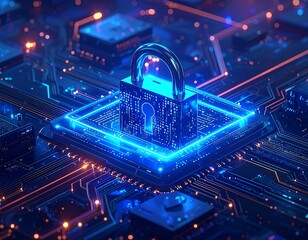 Digital padlock glows on a circuit board, a symbol of data security