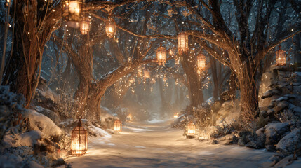 Enchanting winter forest path illuminated by warm lanterns and fairy lights on a snowy evening.