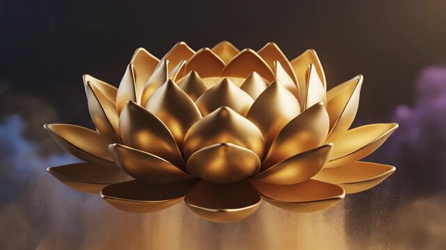 A sublime golden lotus flower floats serenely, radiating peace and beauty, in a mystical atmospheric setting