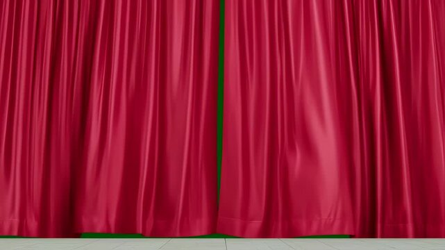 Red velvet curtains partially open on a green background, with a wood-like floor