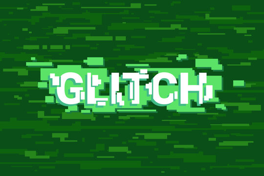 Bright green background with distorted text spelling out GLITCH in bold. Design with pixelation effects creating artistic representation of digital interference