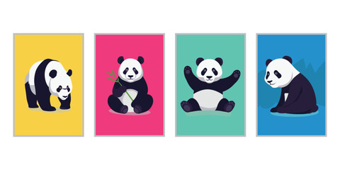 Collection of cute cartoon pandas in various poses on colorful backgrounds