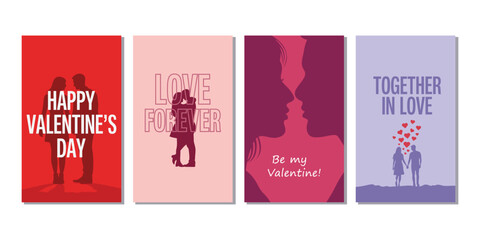 Valentines day cards with romantic couple silhouettes and love themes