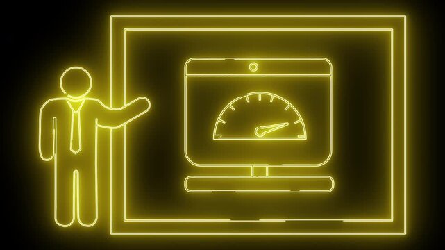 Neon outline of businessman presenting speedometer on screen