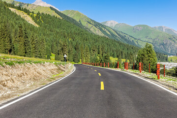 Empty asphalt road winding through green pine forest and mountain landscape under blue sky