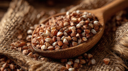 Rustic wooden spoon filled with wholesome buckwheat grains on burlap texture