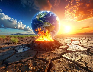 Dramatic Earth above fiery earth, on cracked land under sunrise