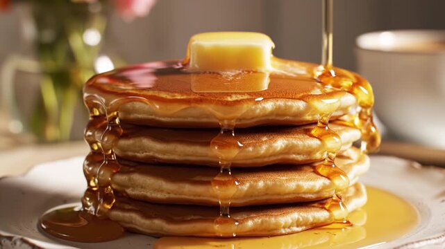 Stack of golden pancakes with melting butter and sweet maple syrup dripping down, creating warm breakfast meal of food with syrup and butter on cozy plate stack