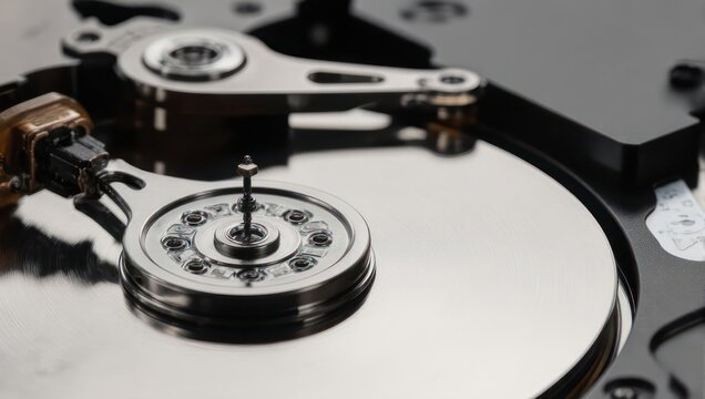 Close-up of an open hard drive with readwrite heads and platters visible.