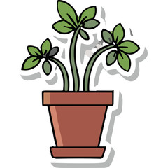 Obraz premium Illustration of a Healthy Green Potted Plant With Dark Brown Soil in a Terracotta Pot With a White Border and Shadow on a Black Background