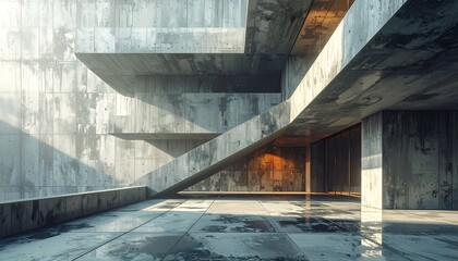 Modern architectural interior with concrete structures and lighting