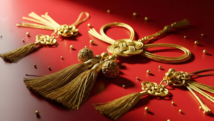 Golden Lucky Charms and Festive Decorations on Red Background chinese new year gold decoration