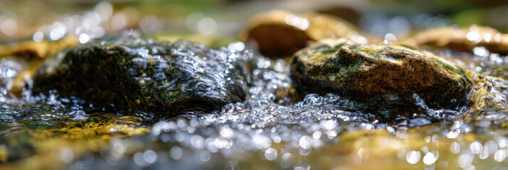 Close Up View of Water Flowing Over Rocks in Garden with Bubbly Bokeh Effect
