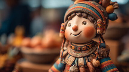 A charming, handcrafted ceramic figurine embodying the vibrant spirit and cultural traditions of the Alasitas Festival in Bolivia, a popular celebration of miniature wishes and prosperity