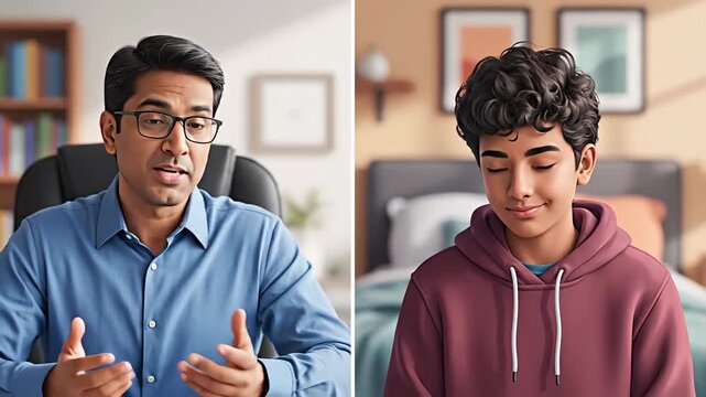 Father and Son Engaging In Discussion During Video Conference