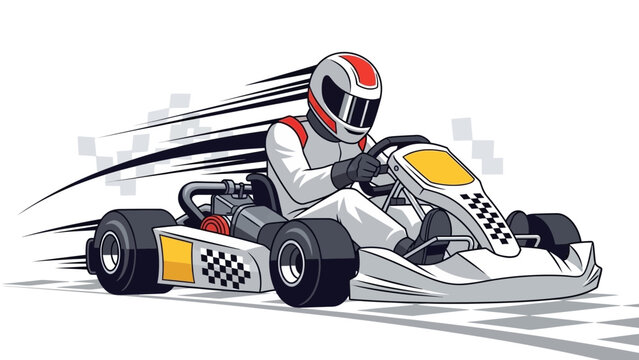 Fast go kart racer driving white car with speed motion lines dynamic vector illustration design