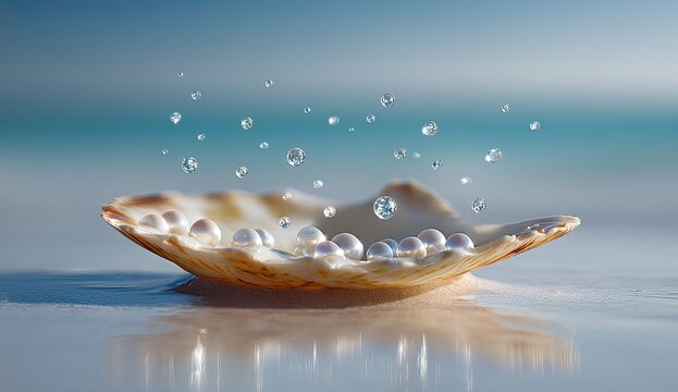 Open seashell with pearls and falling water drops on beach.