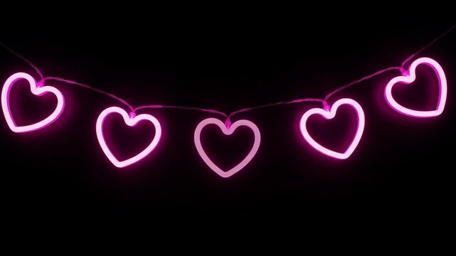 Glowing pink heart-shaped neon lights strung together against a dark background
