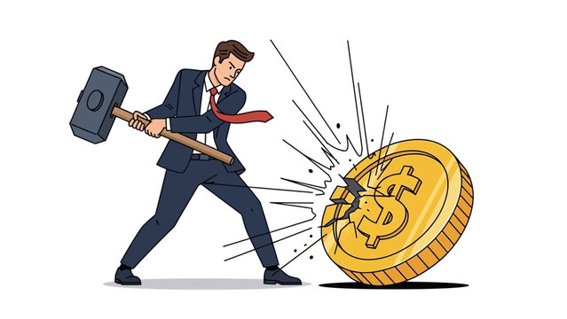 Businessman breaking large golden dollar coin with sledgehammer financial crisis vector illustration
